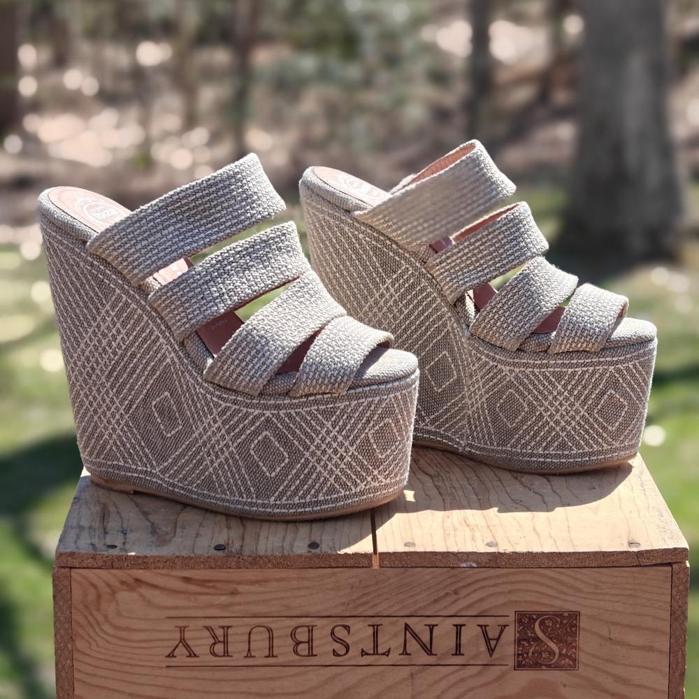 Jeffrey Campbell "ELIZA" Beige Woven Platform Wedge Sandals